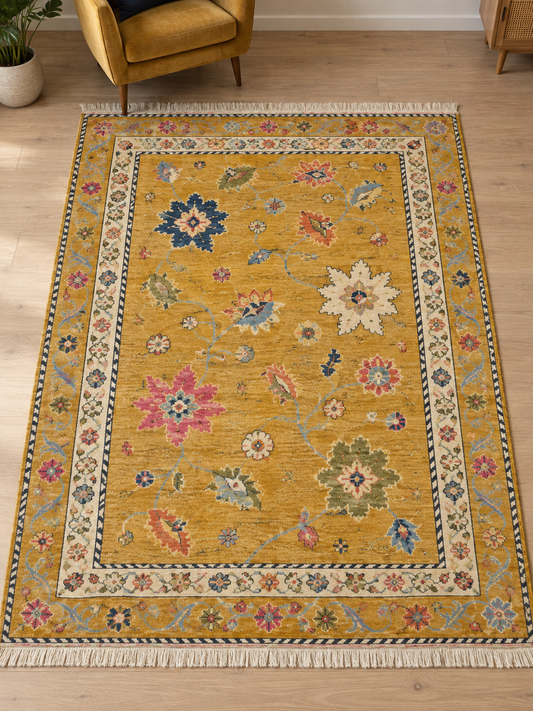 Mustard Yellow Floral Hand Knotted Wool Rug, Oushak Style Ivory Border