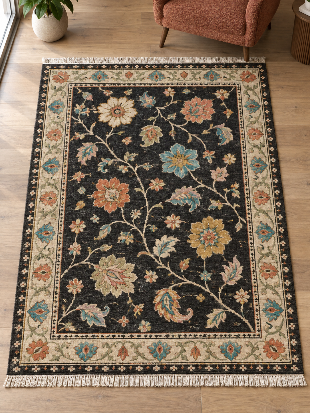 Charcoal Black Floral Hand Knotted Wool Rug, Oushak Style Ivory Border