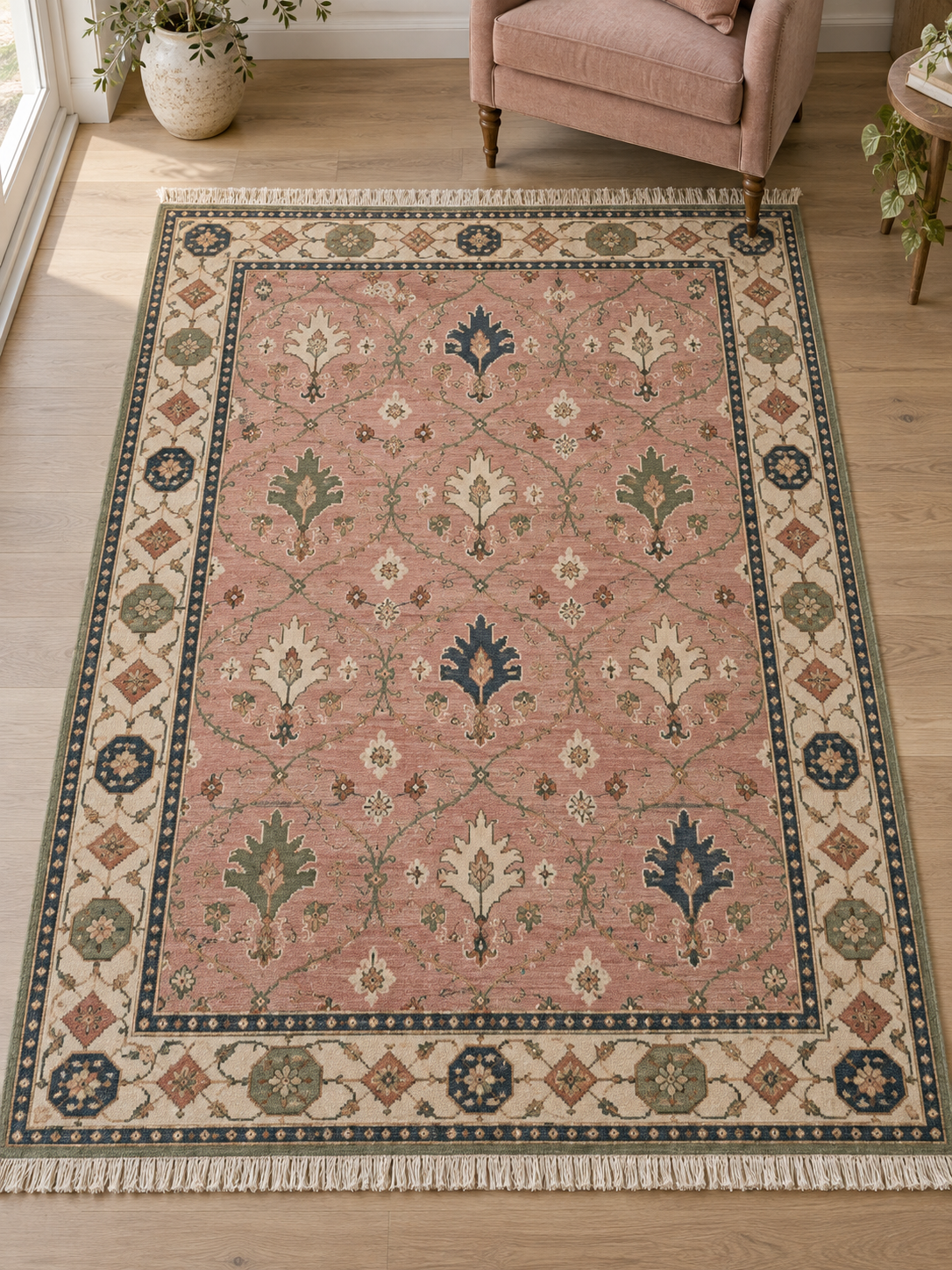 Blush Pink Palmette Hand Knotted Wool Rug, Floral Ogee Lattice Ivory Border