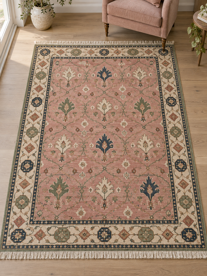 Blush Pink Palmette Hand Knotted Wool Rug, Floral Ogee Lattice Ivory Border