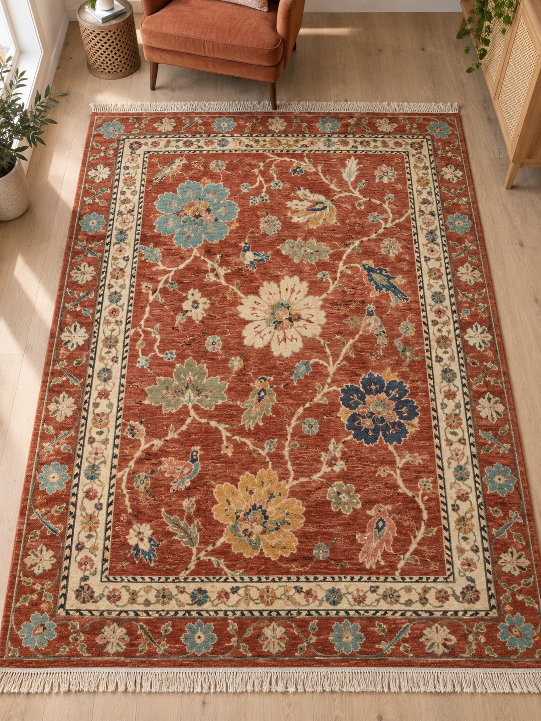 Terracotta Floral Bird Hand Knotted Wool Rug, Oushak Style Ivory Border