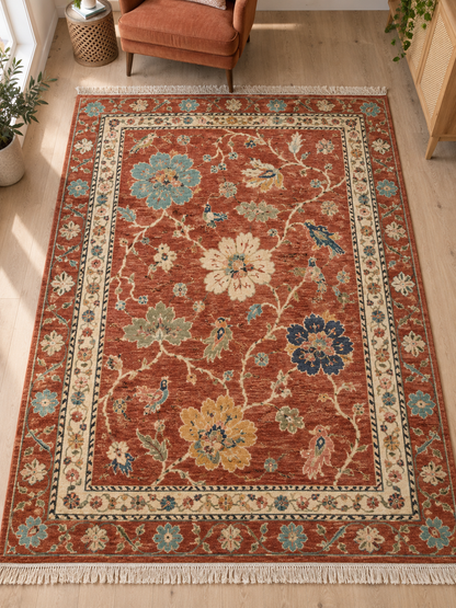 Terracotta Floral Bird Hand Knotted Wool Rug, Oushak Style Ivory Border