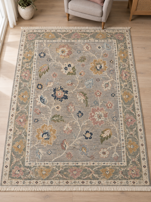 Dove Gray Floral Hand Knotted Wool Rug, Oushak Style Sage Green Border