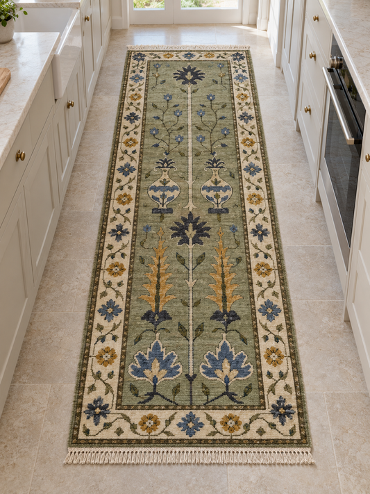 Hand Knotted Oushak Runner Rug in sage green wool with ivory floral border, blue and mustard vase motifs and fringed ends.