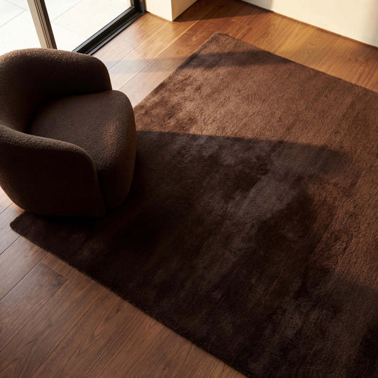 Chocolate brown plush area rug with smooth low pile in modern minimalist living room __etsy:7855847676