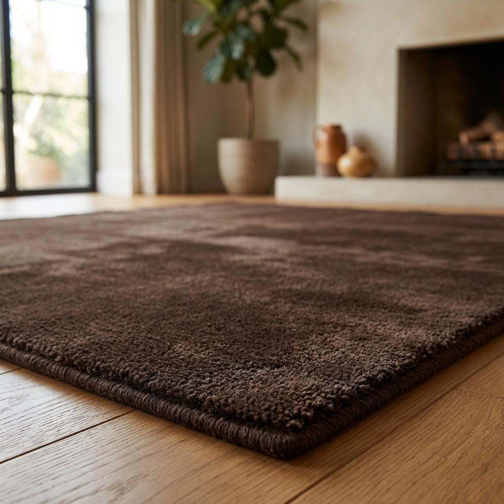 Solid brown area rug styled in modern bedroom with clean and cozy aesthetic __etsy:7903806389