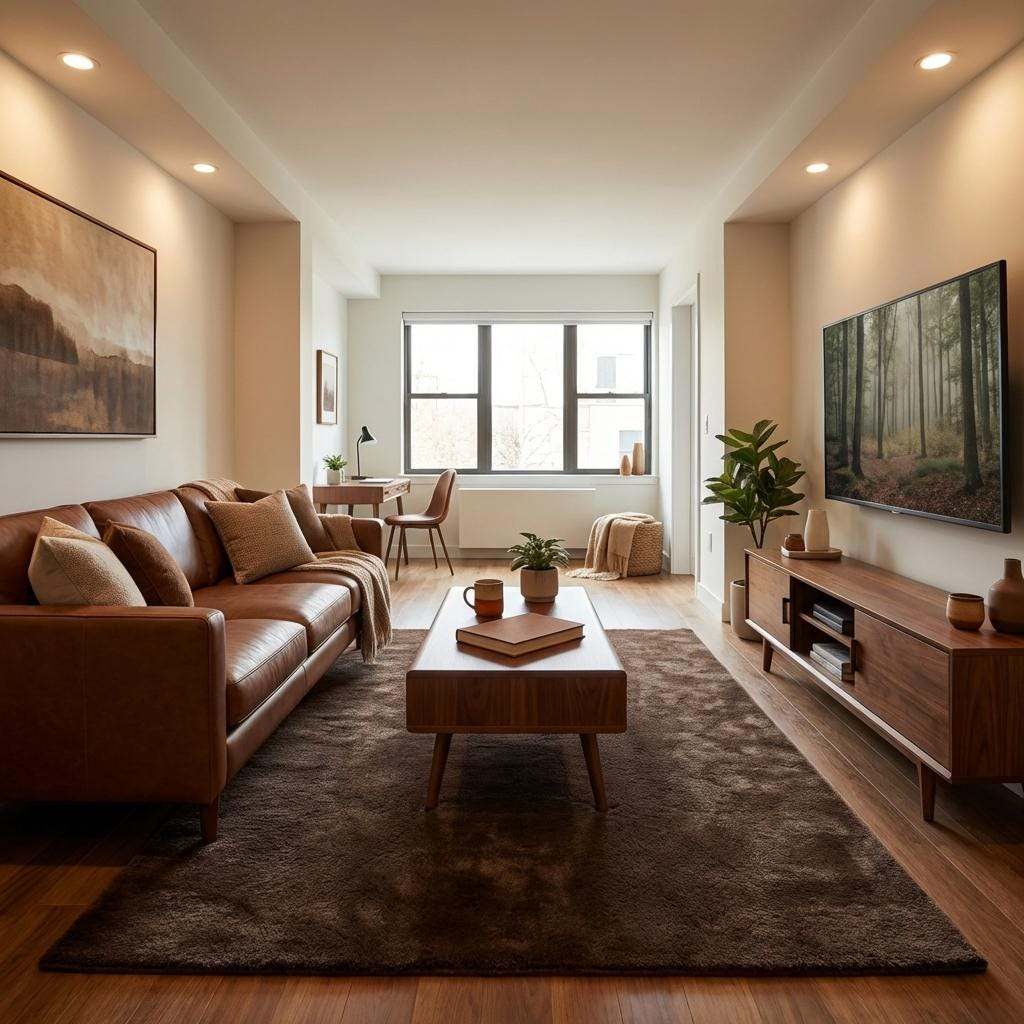 Soft modern plush rug with smooth surface placed near chair in warm toned interior __etsy:7903806413