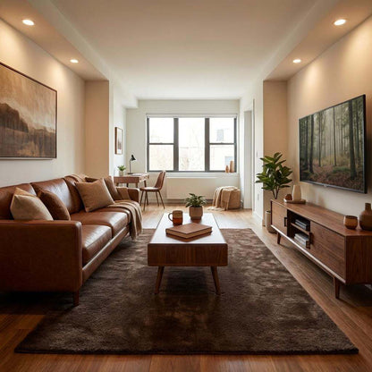 Soft modern plush rug with smooth surface placed near chair in warm toned interior __etsy:7903806413