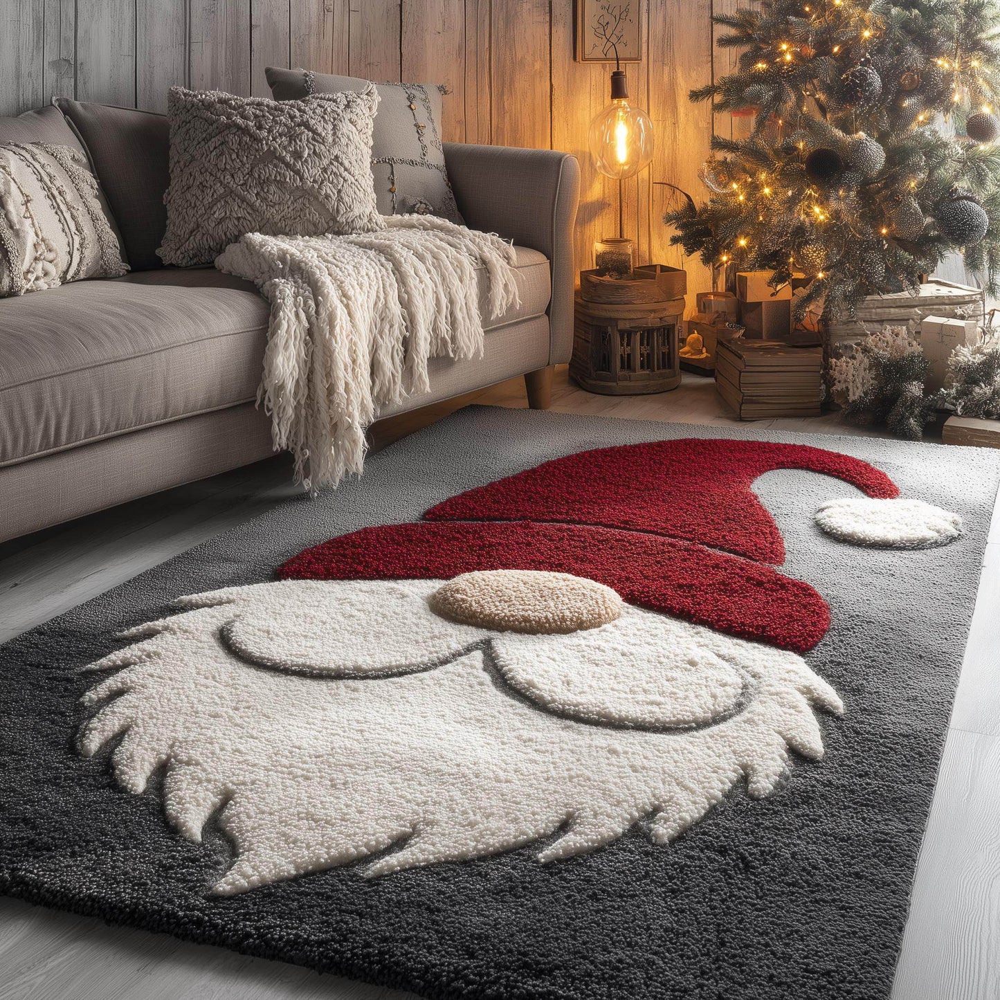 Hand-tufted Christmas gnome rug with plush texture and festive Santa design, 4x6 feet, cozy winter decor carpet