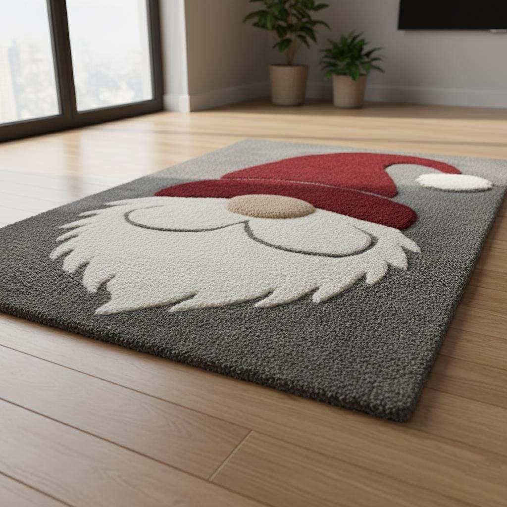 Hand-tufted Christmas Gnome Rug with plush texture and festive Santa gnome design, 4x6 feet cozy winter area rug