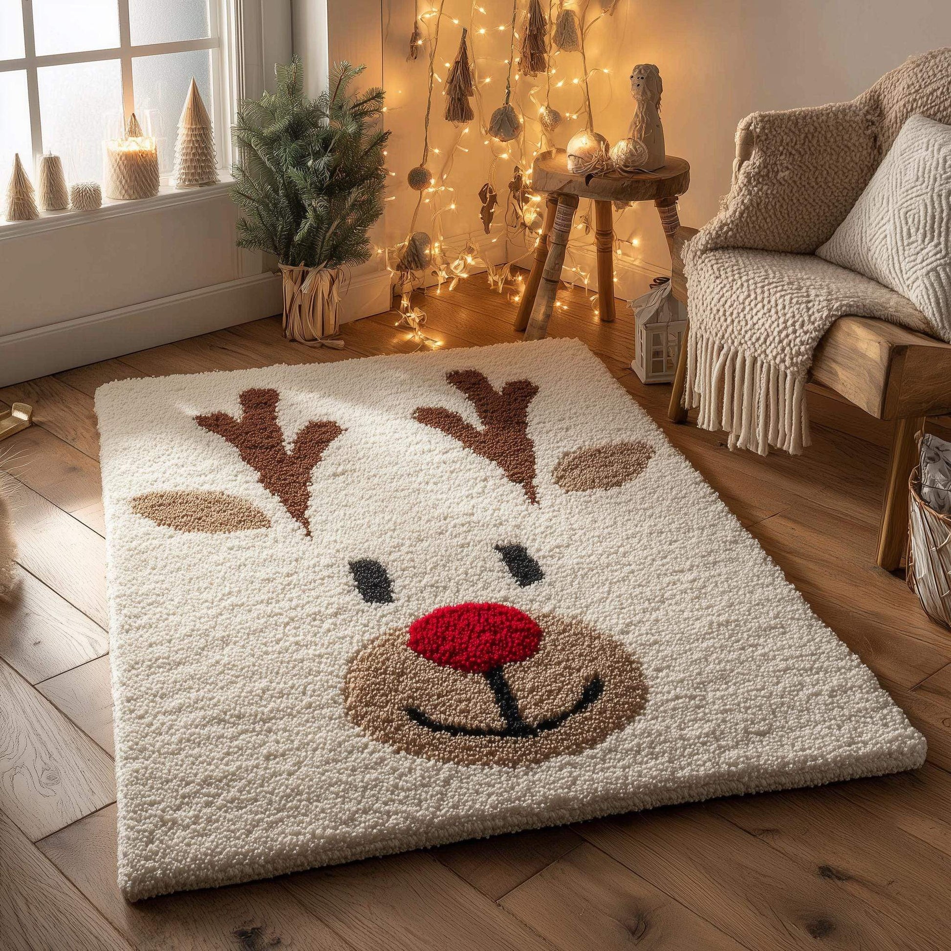 Hand-tufted Christmas reindeer rug with Rudolph design and red nose, soft and cozy holiday carpet for living room and kids rooms