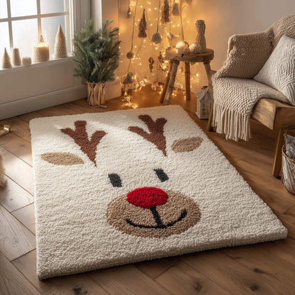 Hand-tufted Christmas reindeer rug with Rudolph design and red nose, soft and cozy holiday carpet for living room and kids rooms