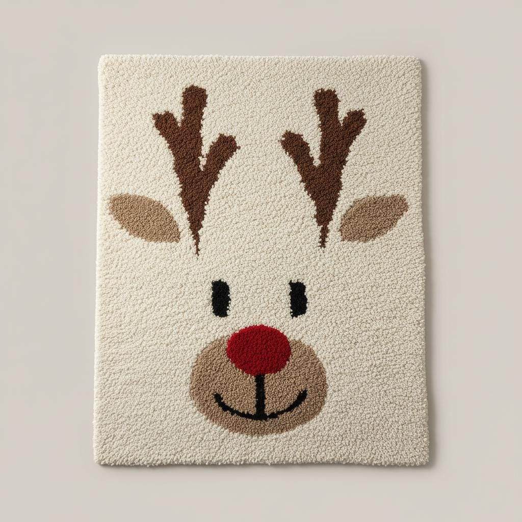 Hand-tufted Christmas reindeer rug with Rudolph face and red nose for cozy holiday home decor