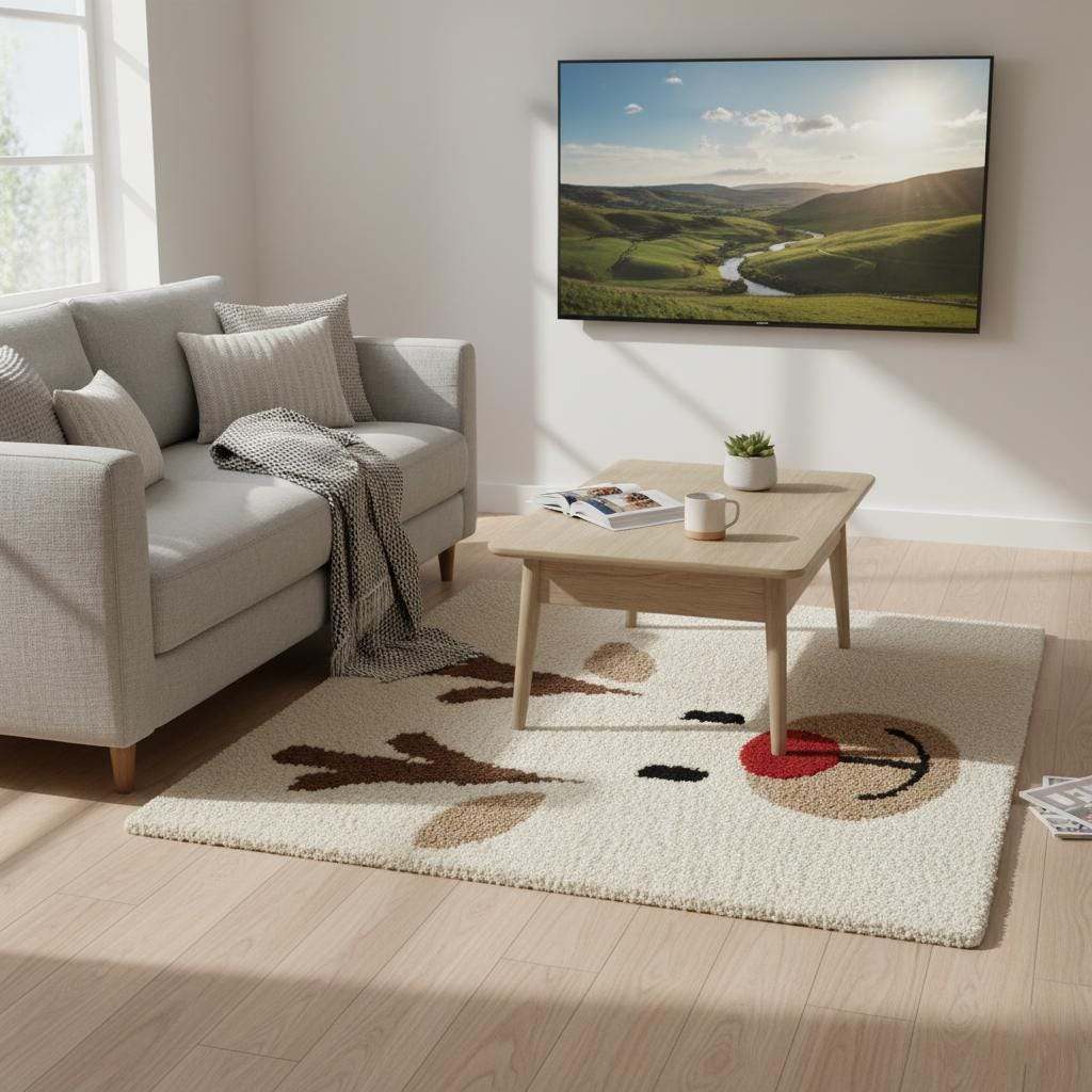 Hand-tufted Christmas reindeer rug with Rudolph face and red nose, cozy plush holiday carpet for living room and kids' rooms