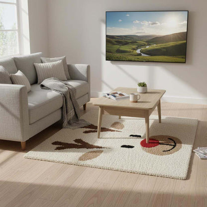 Hand-tufted Christmas reindeer rug with Rudolph face and red nose, cozy plush holiday carpet for living room and kids' rooms