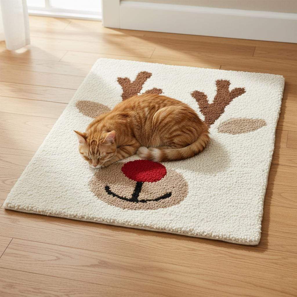 Hand-tufted Christmas reindeer rug with plush Rudolph face and red nose for festive holiday decor
