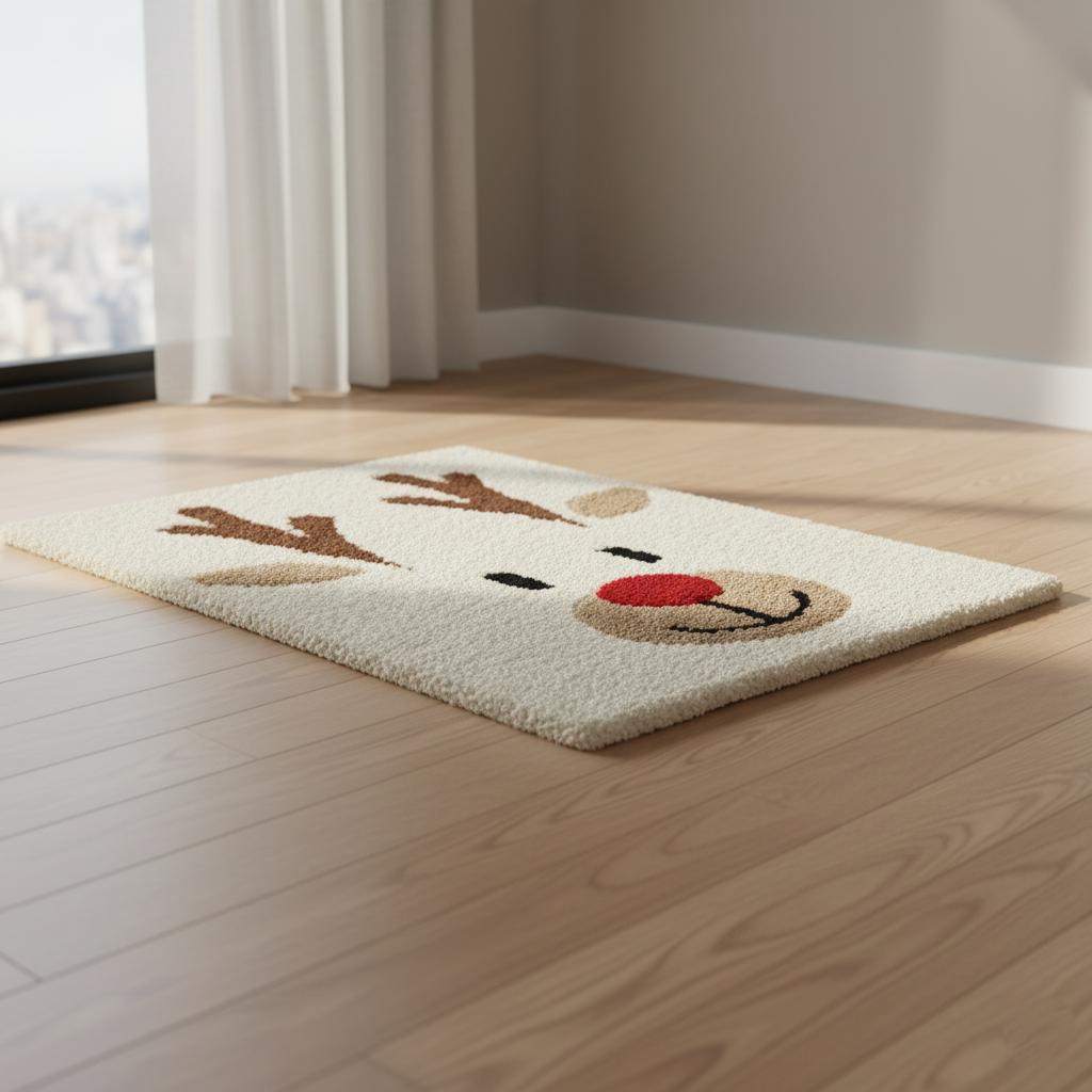Hand-tufted Christmas reindeer rug with Rudolph face and red nose for cozy holiday decor