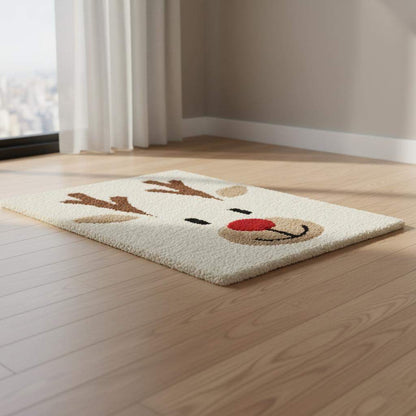 Hand-tufted Christmas reindeer rug with Rudolph face and red nose for cozy holiday decor
