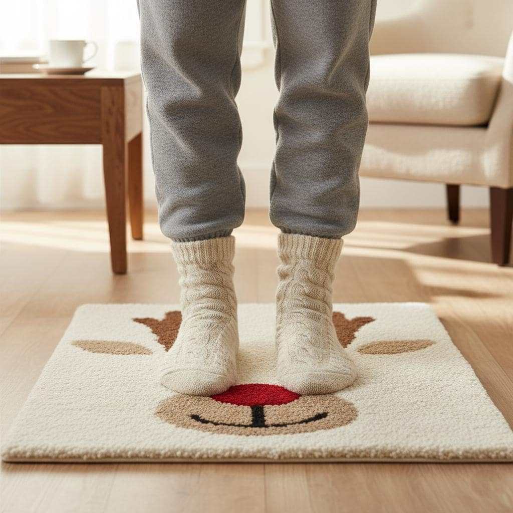 Cozy hand-tufted Christmas reindeer rug with Rudolph face and red nose for festive living room decor