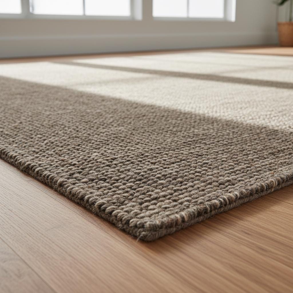 Neutral wool carpet with thick chunky fibers, handmade area rug perfect for organic modern or rustic home styling.