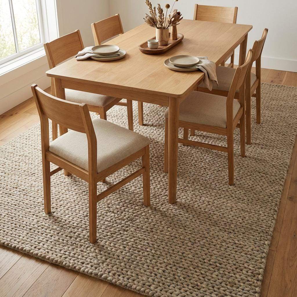 Chunky braided knit rug in neutral beige with thick textured yarn for cozy Nordic interiors