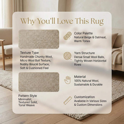 Chunky braided knit rug in neutral beige with thick textured yarn for cozy Nordic interiors