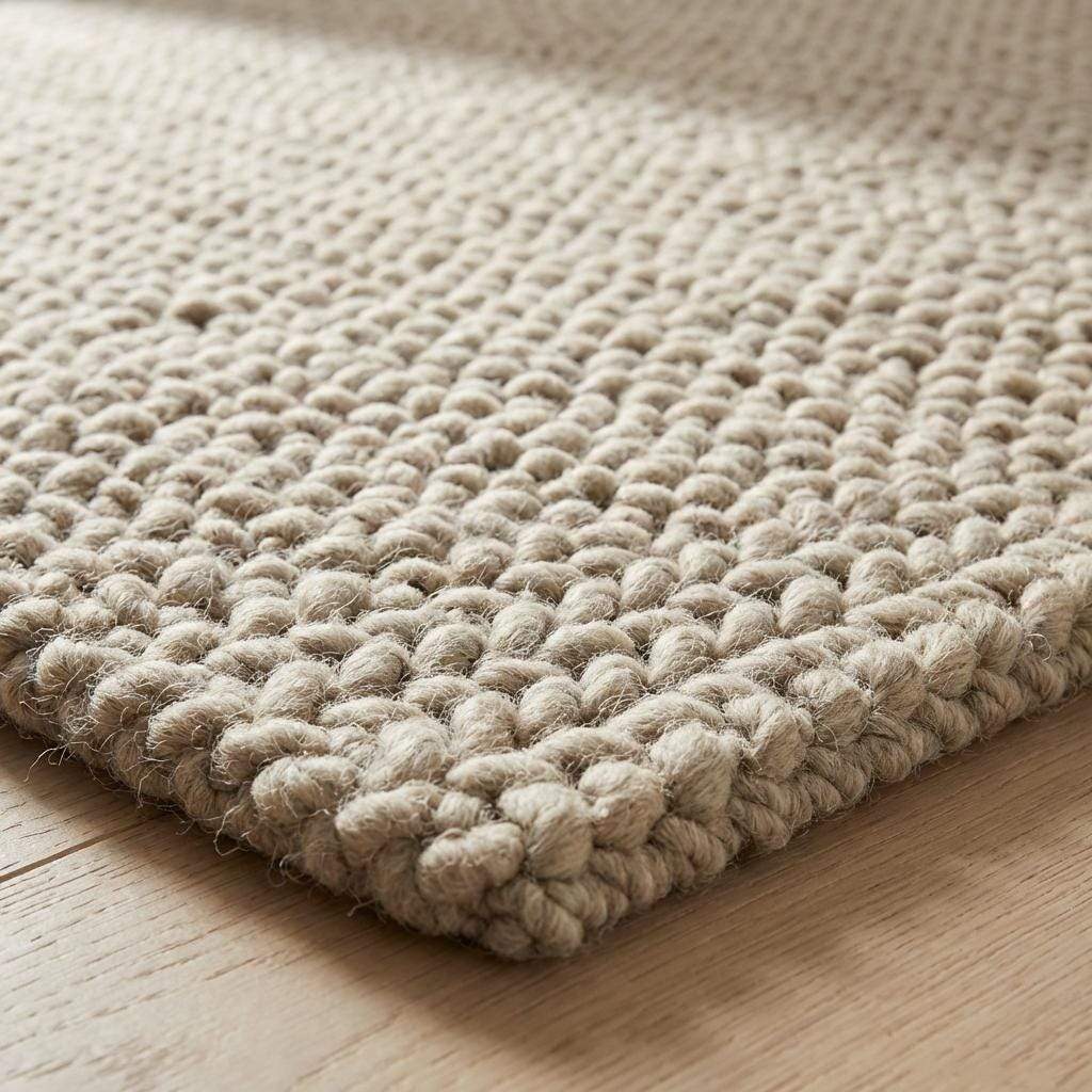 Chunky braided knit rug in neutral beige with thick textured yarn ideal for cozy Nordic interiors