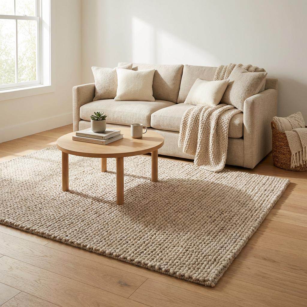 Chunky braided knit rug in neutral beige with thick textured yarn for cozy Nordic interiors
