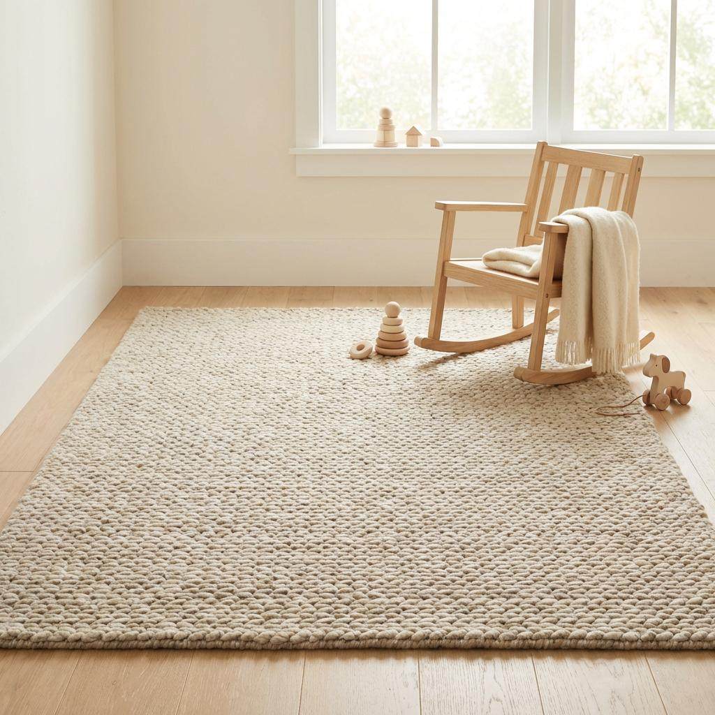 Chunky braided knit rug in neutral beige with thick textured yarn for cozy Nordic interiors
