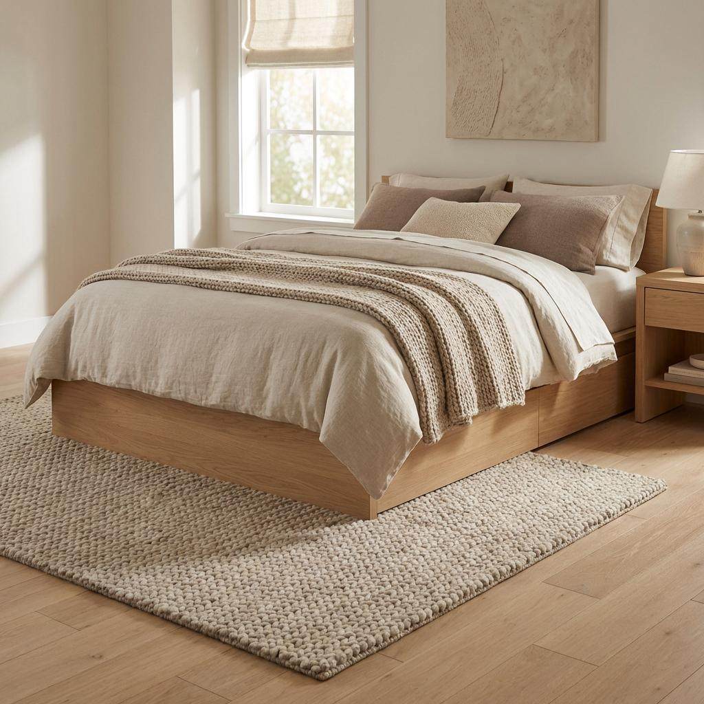 Chunky braided knit rug in neutral beige with thick textured yarn for cozy Nordic interiors