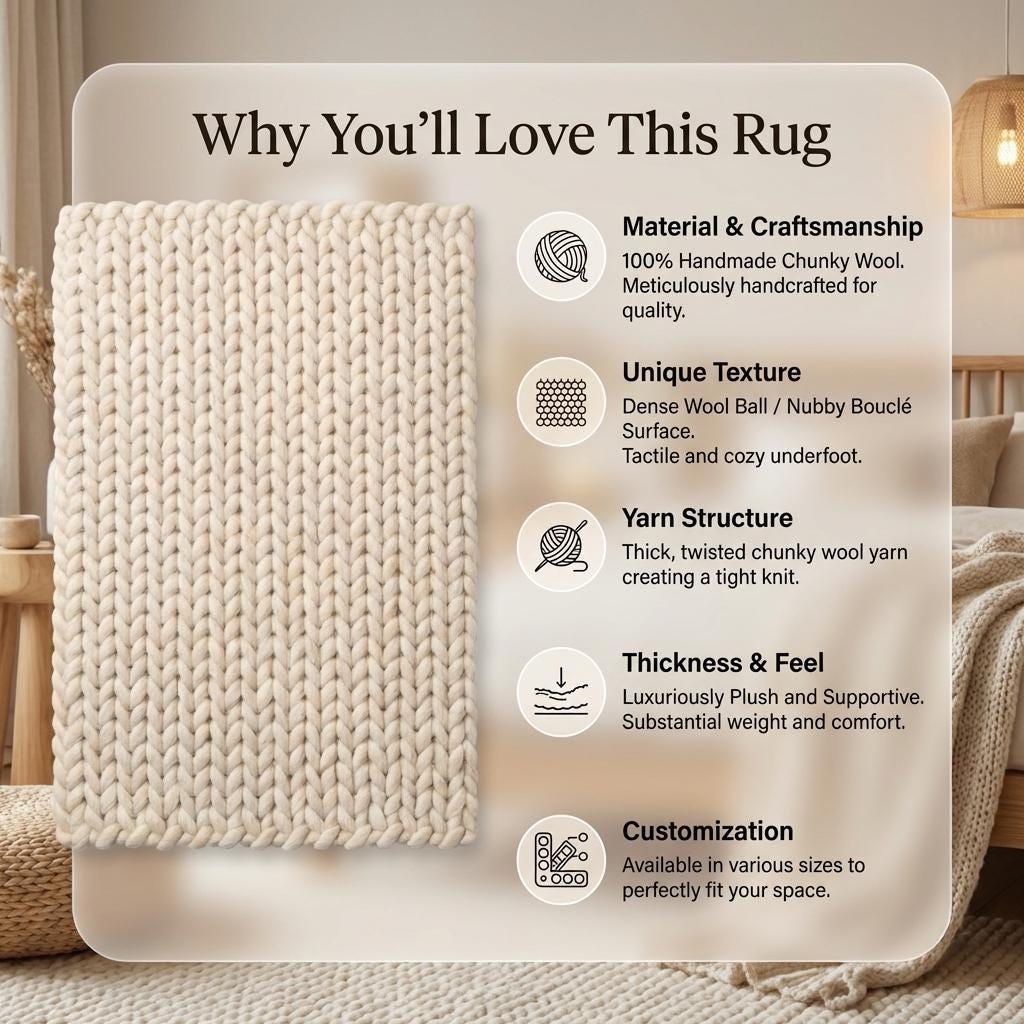Chunky Braided Neutral Rug, Thick Textured Cream Area Rug, Cozy Minimalist Scandi Floor Decor