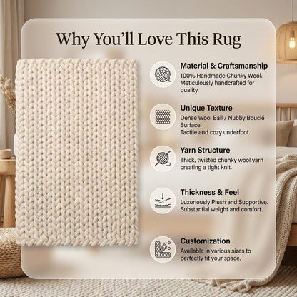 Chunky Braided Neutral Rug, Thick Textured Cream Area Rug, Cozy Minimalist Scandi Floor Decor