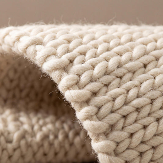 Chunky braided neutral rug with thick cream texture in cozy minimalist Scandinavian decor setting