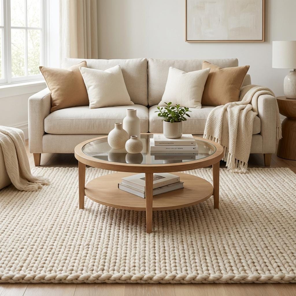 Top view of thick braided yarn rug with chunky woven loops and soft neutral tone