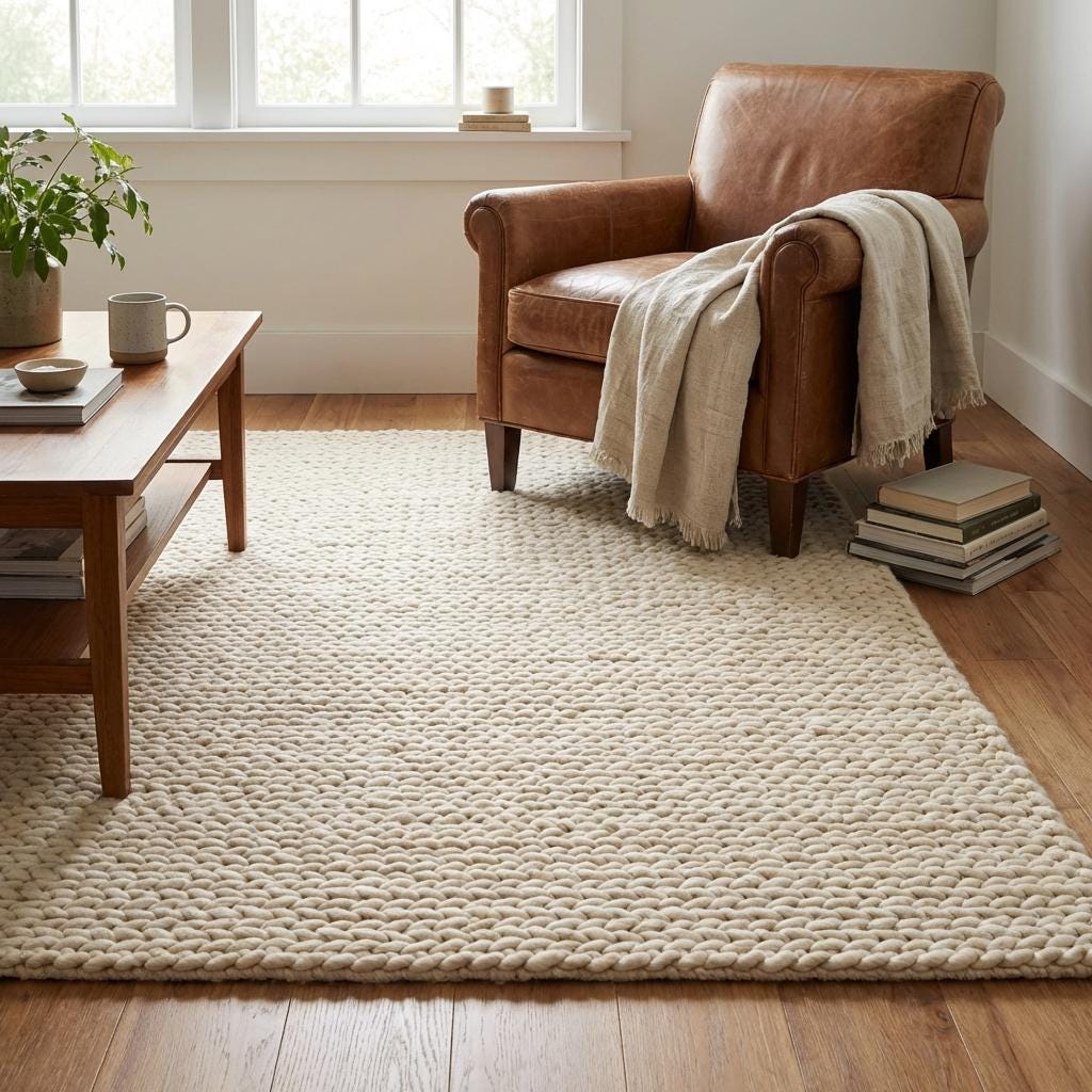 Chunky Braided Neutral Rug, Thick Textured Cream Area Rug, Cozy Minimalist Scandi Floor Decor
