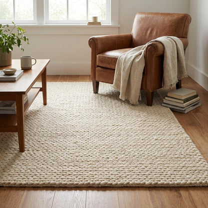 Chunky Braided Neutral Rug, Thick Textured Cream Area Rug, Cozy Minimalist Scandi Floor Decor