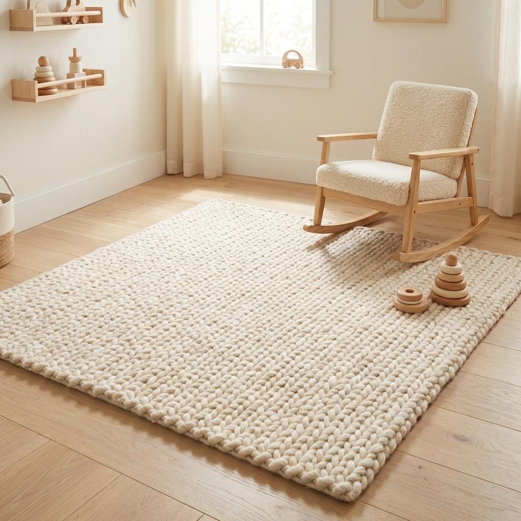 Detailed look at chunky woven rug strands forming a soft textured cream surface