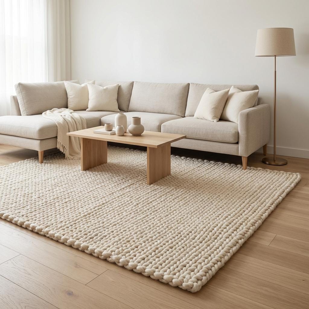 Chunky Braided Neutral Rug, Thick Textured Cream Area Rug, Cozy Minimalist Scandi Floor Decor