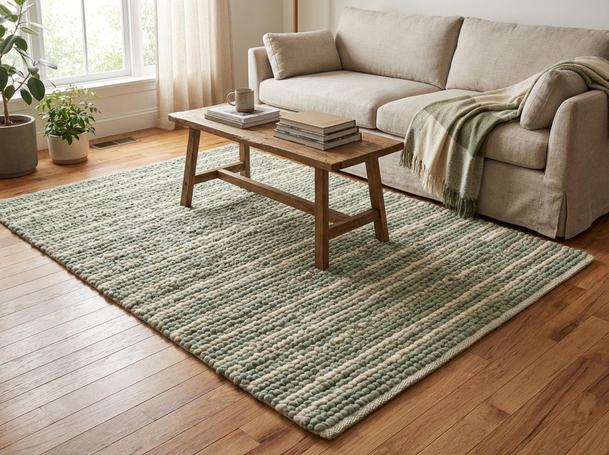 Chunky Braided Wool Rug in Sage and Cream – Thick Handwoven Textured Scandi Floor Accent