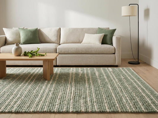 Chunky braided wool rug in sage and cream with thick handwoven texture and cozy Scandinavian design