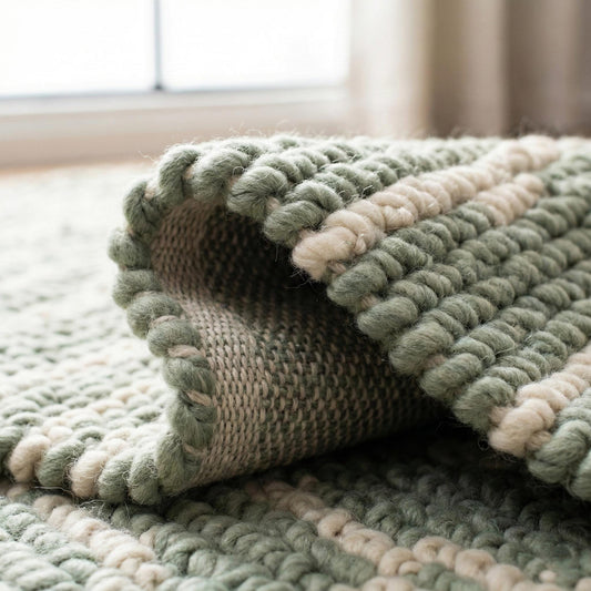 Close-up of chunky braided sage and cream wool rug with thick textured yarn