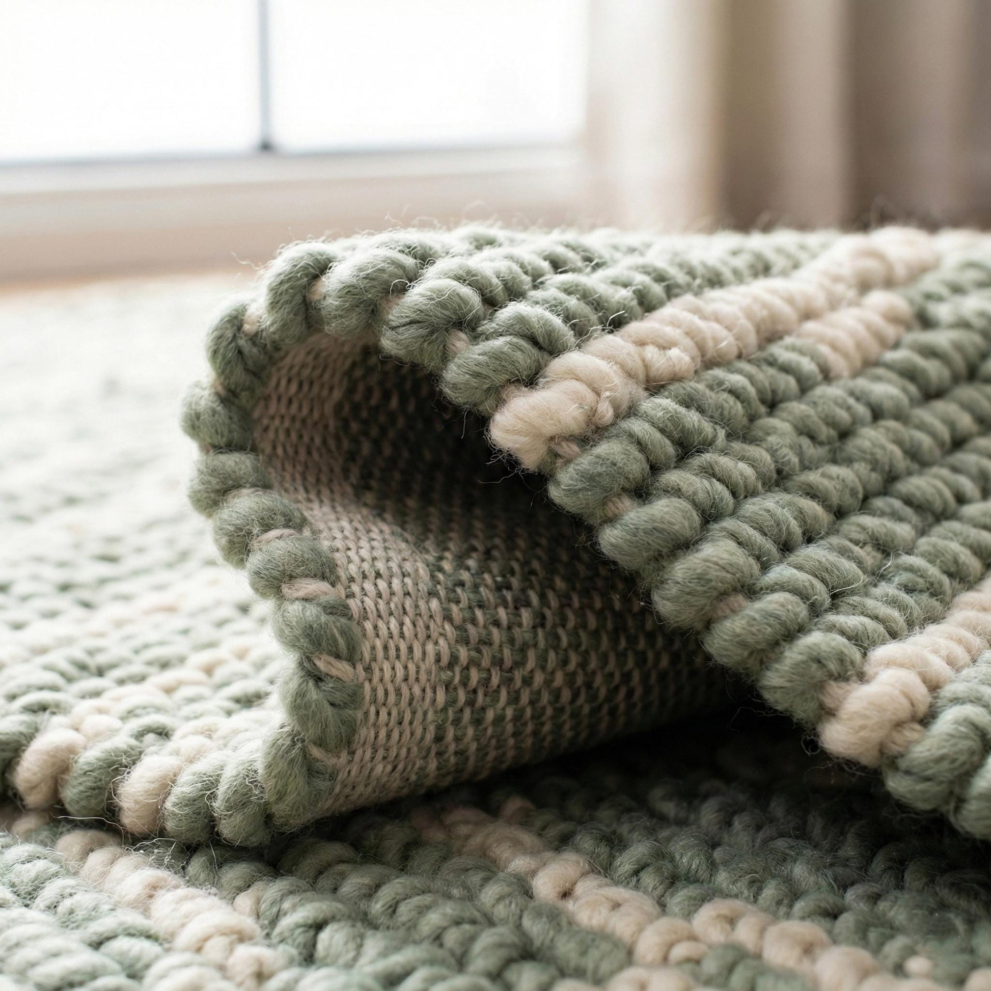 Close-up of chunky braided sage and cream wool rug with thick textured yarn