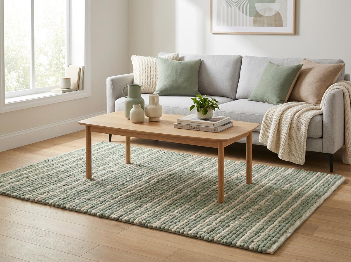 Handwoven-look braided rug corner highlighting raised edge detail