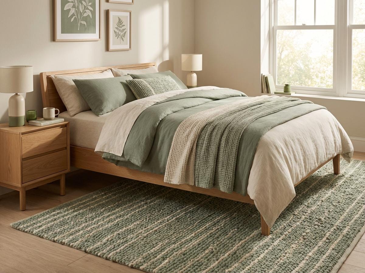 Cozy bedroom or nursery styled with textured sage and cream braided floor rug
