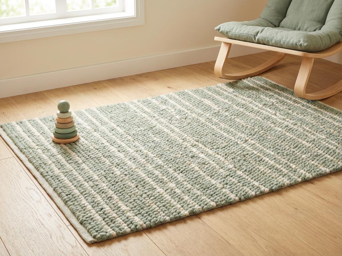 Chunky Braided Wool Rug in Sage and Cream – Thick Handwoven Textured Scandi Floor Accent