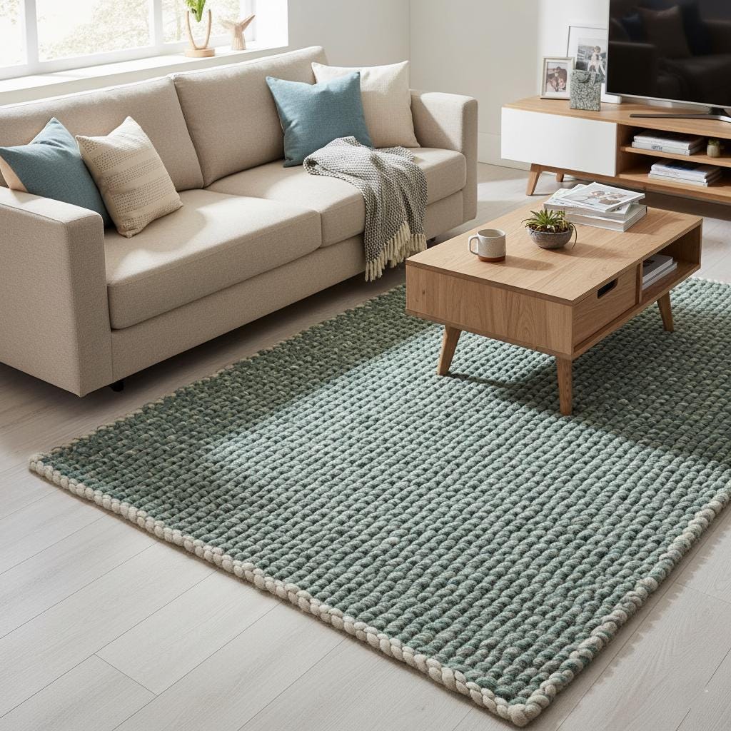 Mint green chunky handknit rug corner with braided border on white wood floor — modern boho rug, rugs, carpet, teppich.