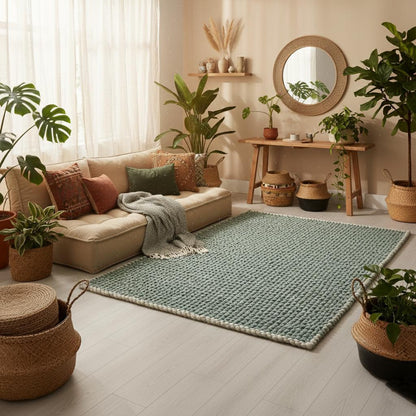 Thick loop wool rug in soft mint and grey tones, braided edge detail — cozy home décor rug, rugs, carpet, teppich.