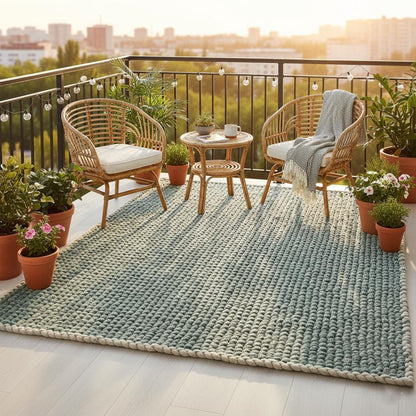 Handcrafted chunky wool rug top view showing knit rows and plush texture — perfect rugs for living room, rug, carpet, teppich.