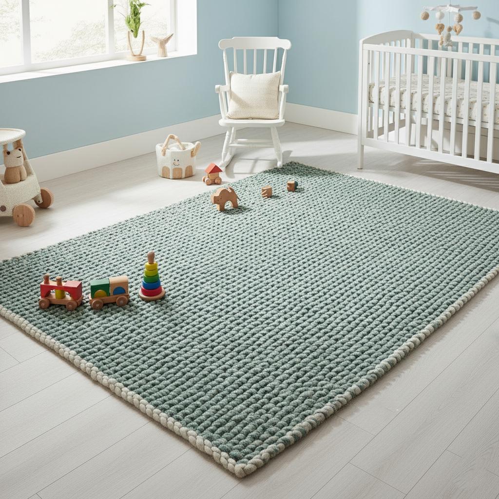 Chunky Handknit Wool Rug • Mint Green & Grey Chunky Knit Rug for Living Room • Cozy Handmade Rugs, Rug, Carpet, Teppich • Boho Floor Decor