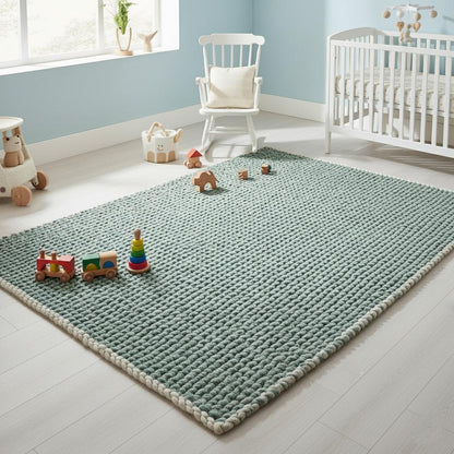 Chunky Handknit Wool Rug • Mint Green & Grey Chunky Knit Rug for Living Room • Cozy Handmade Rugs, Rug, Carpet, Teppich • Boho Floor Decor